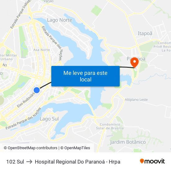 102 Sul to Hospital Regional Do Paranoá - Hrpa map