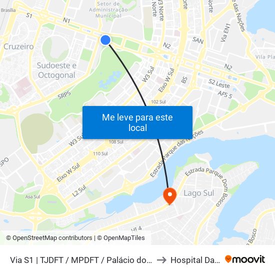 Via S1 | TJDFT / MPDFT / Palácio do Buriti to Hospital Daher map