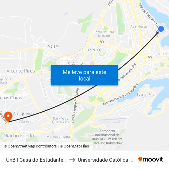 UnB | Casa do Estudante (Bloco A) to Universidade Católica De Brasília map