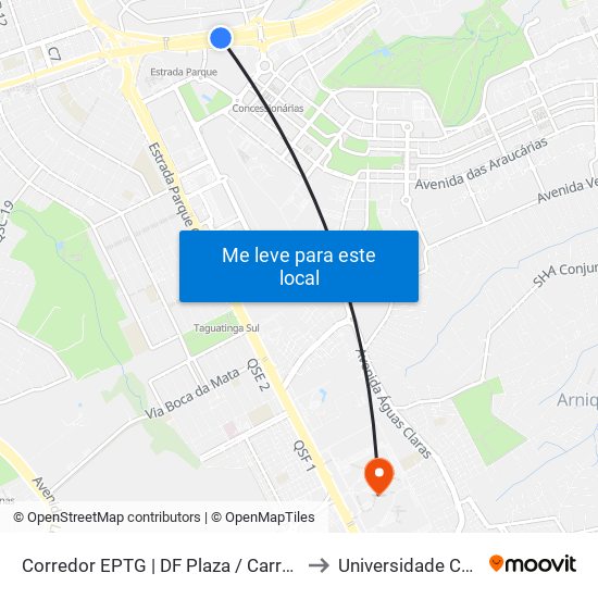 Corredor EPTG | DF Plaza / Carrefour / Sam's Club (Sentido Tag.) to Universidade Católica De Brasília map