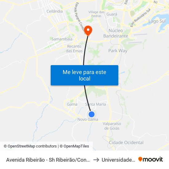 Avenida Ribeirão - Sh Ribeirão/Cond Porto Rico Fase 3 Q 4 (Supermercado Brasil) to Universidade Católica De Brasília map