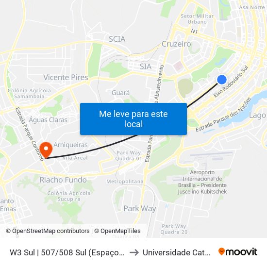 W3 Sul | 507/508 Sul (Espaço Cultural Renato Russo) to Universidade Católica De Brasília map