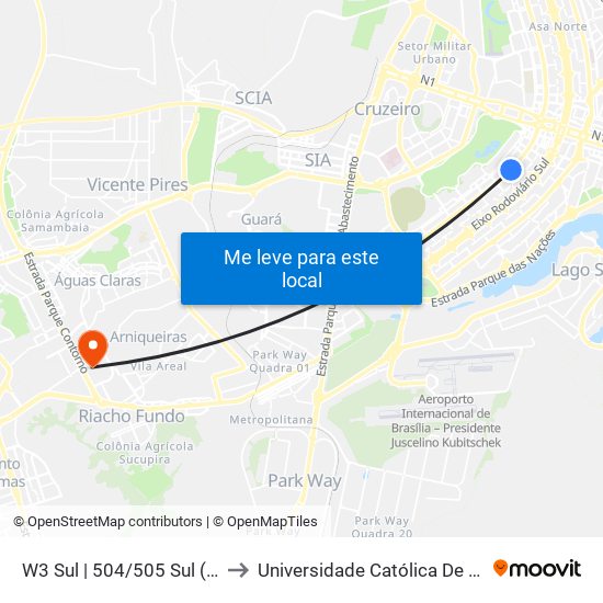 W3 Sul | 504/505 Sul (SESC) to Universidade Católica De Brasília map