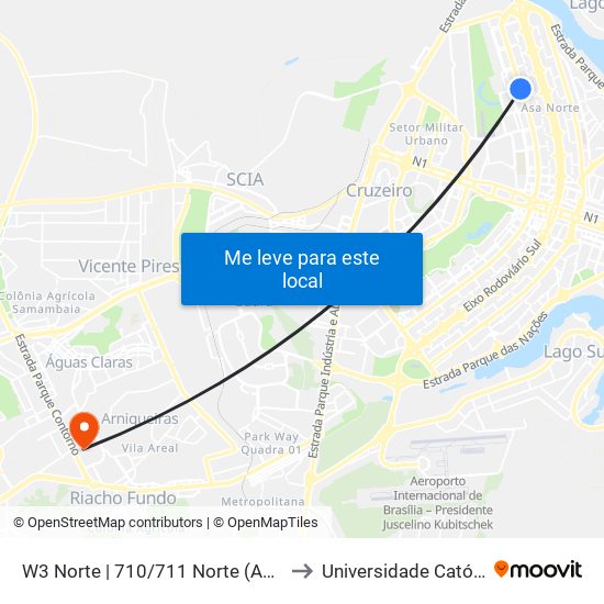 W3 Norte | 710/711 Norte (Agência do Trabalhador) to Universidade Católica De Brasília map