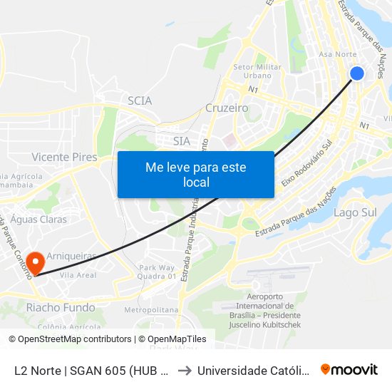 L2 Norte | SGAN 605 (HUB / Pão de Açúcar) to Universidade Católica De Brasília map