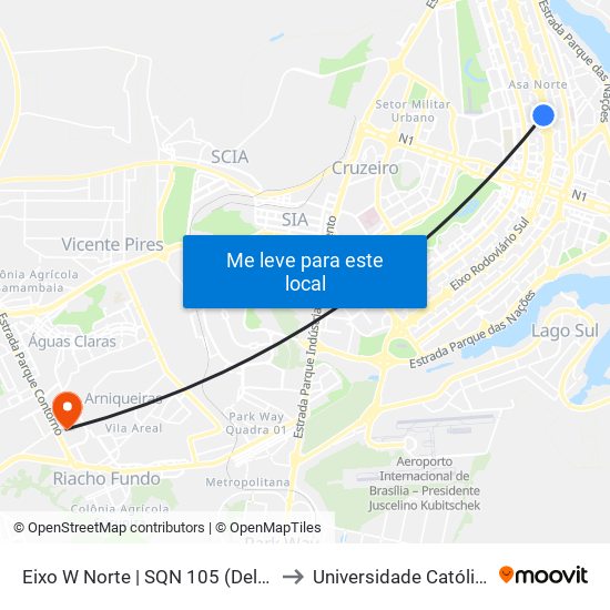 Eixo W Norte | SQN 105 (Delegacia da Criança) to Universidade Católica De Brasília map