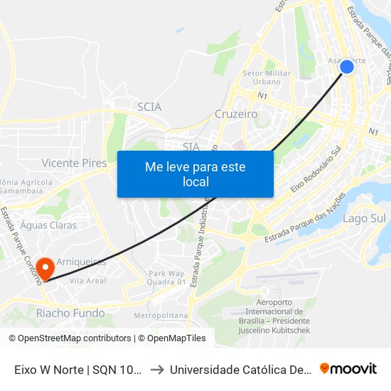 Eixo W Norte | SQN 107 (UnB) to Universidade Católica De Brasília map