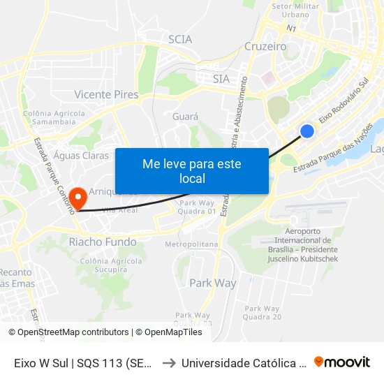 Eixo W Sul | Sqs 113 (Desembarque Metropolitano) to Universidade Católica De Brasília map