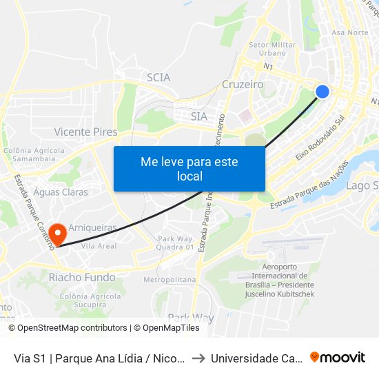 Via S1 | Parque Ana Lídia / Nicolandia / Eixo Ibero-Americano to Universidade Católica De Brasília map
