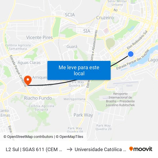 L2 Sul | SGAS 611 (CEM Setor Leste) to Universidade Católica De Brasília map