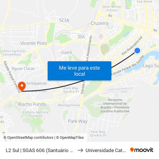 L2 Sul | SGAS 606 (Santuário Santissimo Sacramento) to Universidade Católica De Brasília map