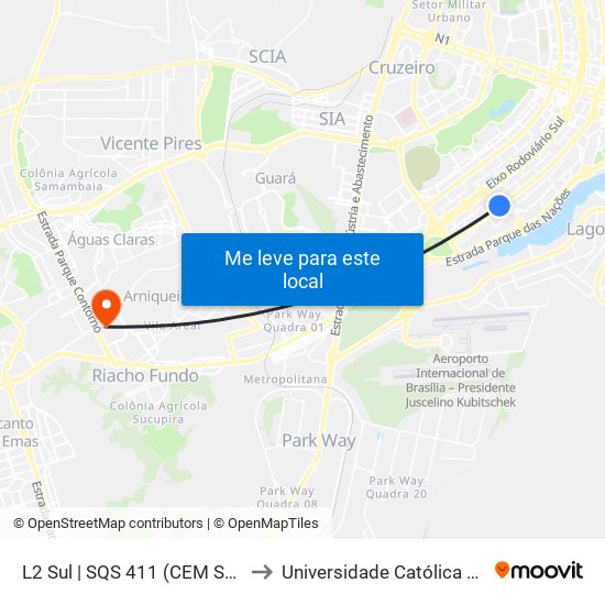 L2 Sul | SQS 411 (CEM Setor Leste) to Universidade Católica De Brasília map