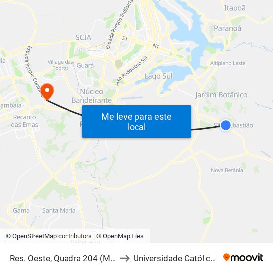 Res. Oeste, Quadra 204 (Mercado União) to Universidade Católica De Brasília map