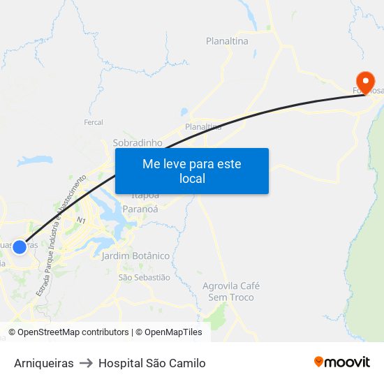 Arniqueiras to Hospital São Camilo map