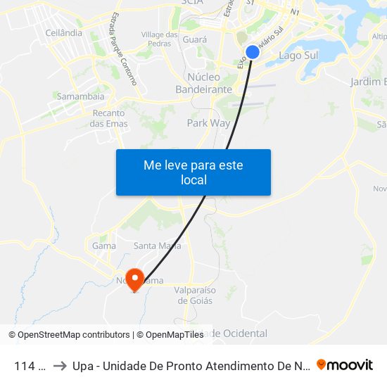 114 Sul to Upa - Unidade De Pronto Atendimento De Novo Gama map