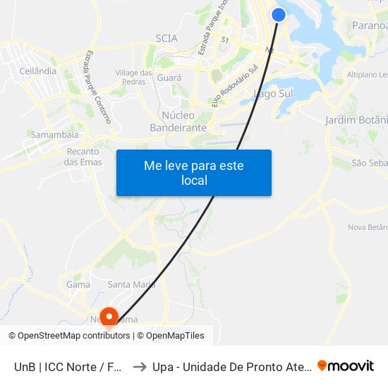 Unb | Icc Norte / Faculdade De Direito to Upa - Unidade De Pronto Atendimento De Novo Gama map