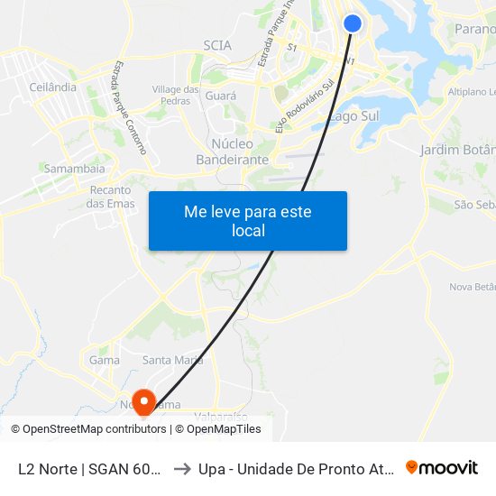 L2 Norte | SGAN 607 (CRE Plano Piloto) to Upa - Unidade De Pronto Atendimento De Novo Gama map