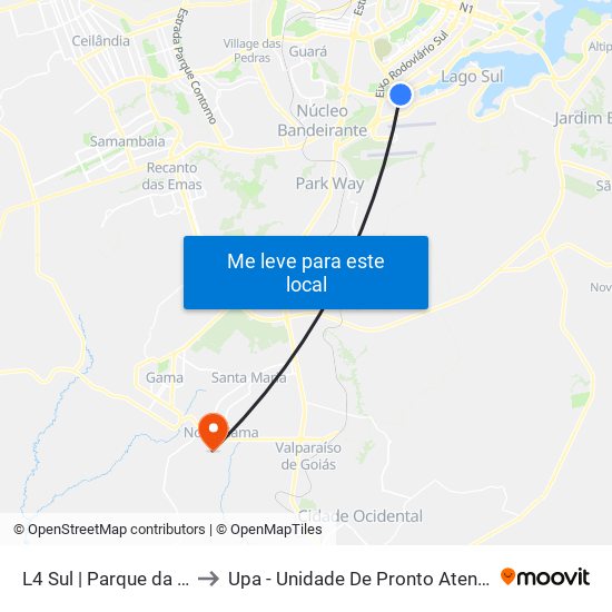 L4 Sul | Parque Da Vila Telebrasília to Upa - Unidade De Pronto Atendimento De Novo Gama map