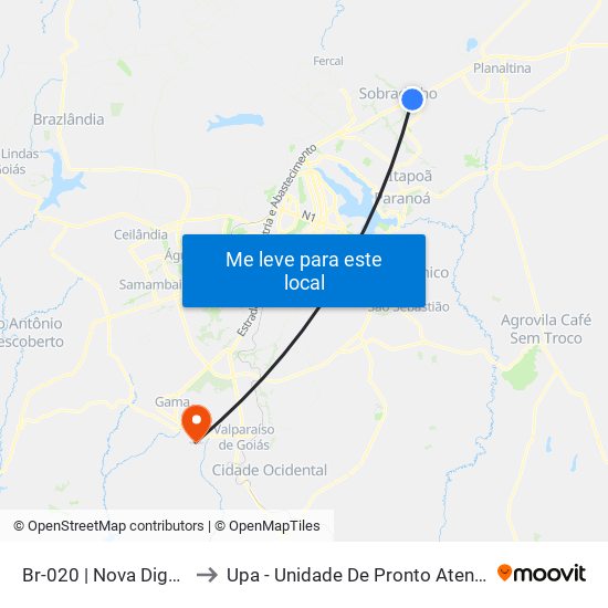 Br-020 | Nova Dignéia / Quadra 18 to Upa - Unidade De Pronto Atendimento De Novo Gama map