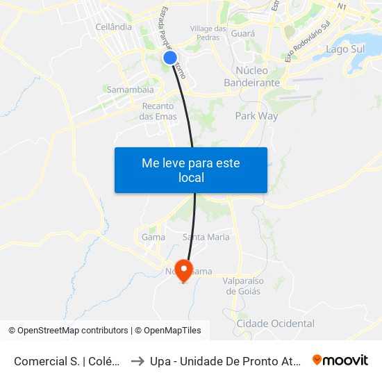 Comercial Sul | Colégio Marista / Ced 2 to Upa - Unidade De Pronto Atendimento De Novo Gama map