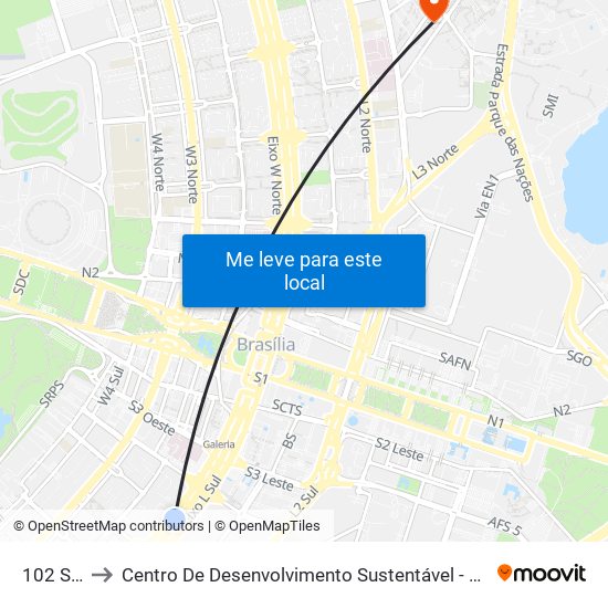 102 Sul to Centro De Desenvolvimento Sustentável - Cds map