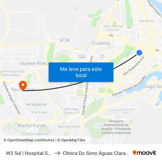 W3 Sul | Hospital Sarah / SRTVS to Clínica Do Sono Águas Claras - Taguatinga - Df map