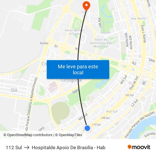 112 Sul to Hospitalde Apoio De Brasília - Hab map