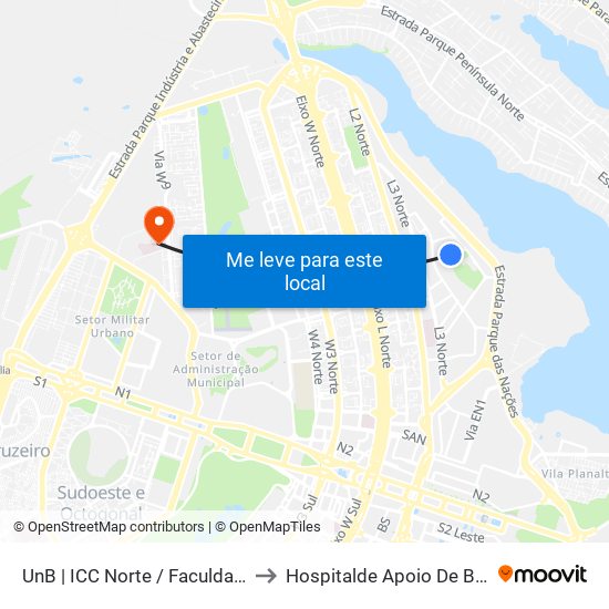 Unb | Icc Norte / Faculdade De Direito to Hospitalde Apoio De Brasília - Hab map