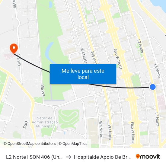 L2 Norte | Sqn 406 (Unb / Odonto Hub) to Hospitalde Apoio De Brasília - Hab map