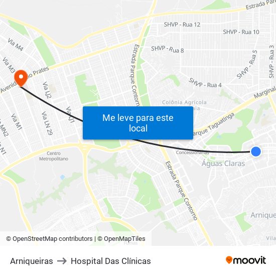 Arniqueiras to Hospital Das Clínicas map