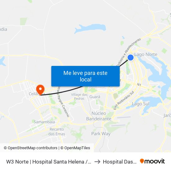 W3 Norte | Hospital Santa Helena / Santa Lúcia Norte to Hospital Das Clínicas map