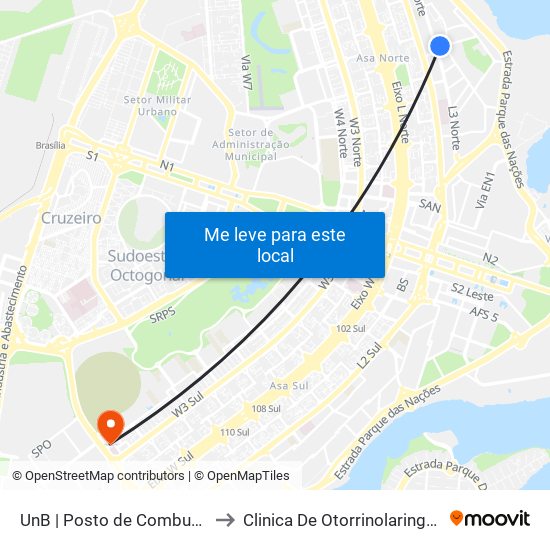 UnB | Posto de Combustíveis / Subway to Clinica De Otorrinolaringologia Brasilia Df map