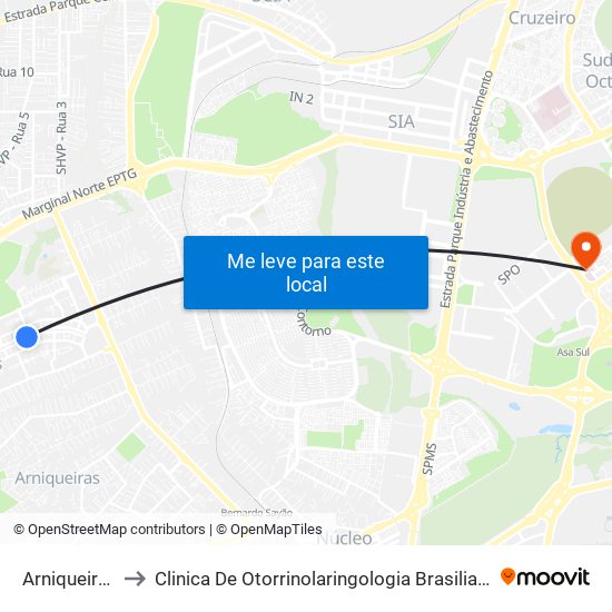 Arniqueiras to Clinica De Otorrinolaringologia Brasilia Df map