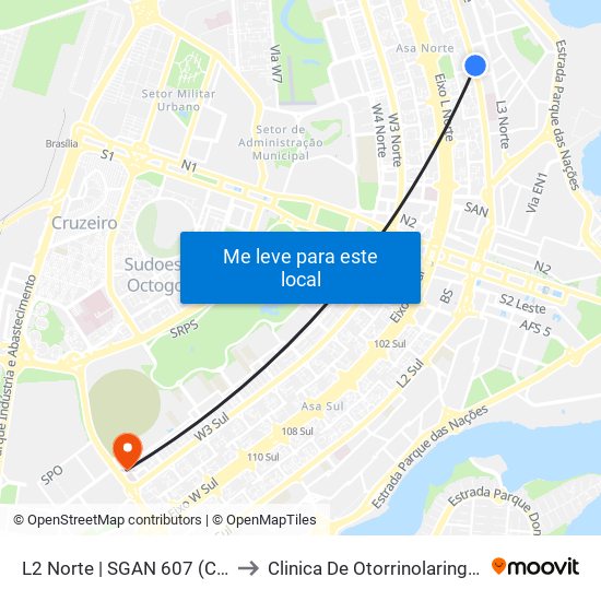 L2 Norte | Sgan 607 (Brasília Medical Center / Cean) to Clinica De Otorrinolaringologia Brasilia Df map