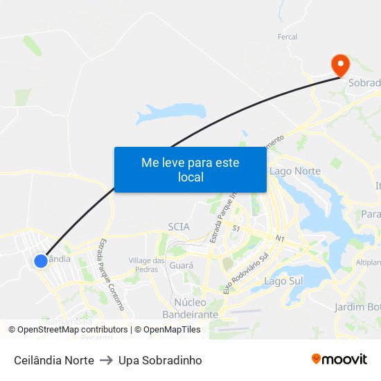 Ceilândia Norte to Upa Sobradinho map