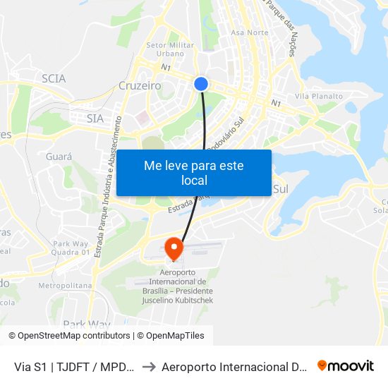 Via S1 | Tjdft / Mpdft / Palácio Do Buriti to Aeroporto Internacional De Bras[Ilia - Presidente Jk map