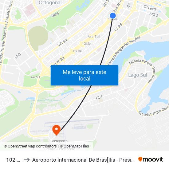 102 Sul to Aeroporto Internacional De Bras[Ilia - Presidente Jk map