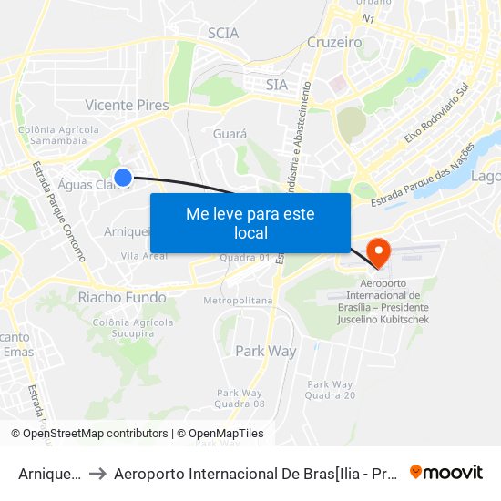 Arniqueiras to Aeroporto Internacional De Bras[Ilia - Presidente Jk map
