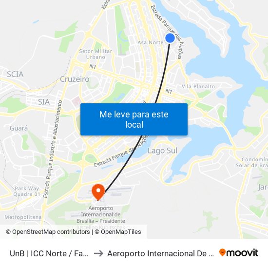 UnB | ICC Norte / Faculdade de Direito to Aeroporto Internacional De Bras[Ilia - Presidente Jk map