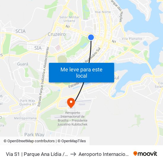 Via S1 | Parque Ana Lídia / Nicolandia / Eixo Ibero-Americano to Aeroporto Internacional De Bras[Ilia - Presidente Jk map