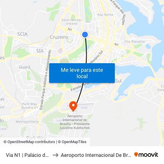 Via N1 | Palácio Do Buriti / Tribunal De Contas Do Df to Aeroporto Internacional De Bras[Ilia - Presidente Jk map