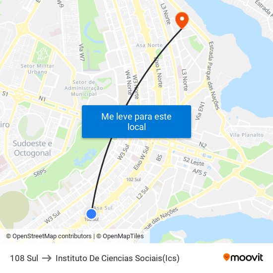 108 Sul to Instituto De Ciencias Sociais(Ics) map