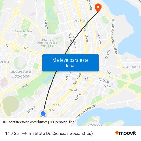 110 Sul to Instituto De Ciencias Sociais(Ics) map