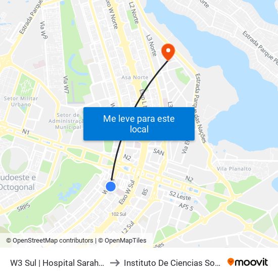 W3 Sul | Hospital Sarah / SRTVS to Instituto De Ciencias Sociais(Ics) map