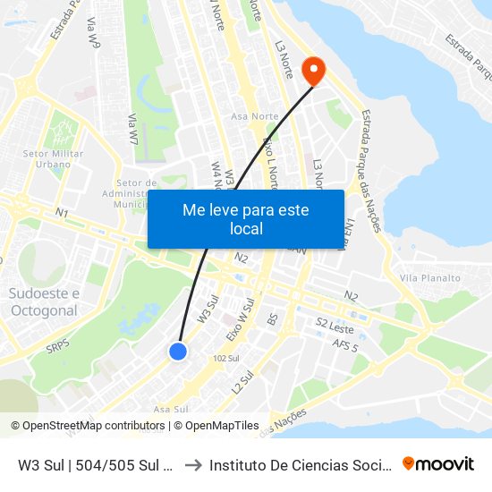 W3 Sul | 504/505 Sul (Sesc) to Instituto De Ciencias Sociais(Ics) map