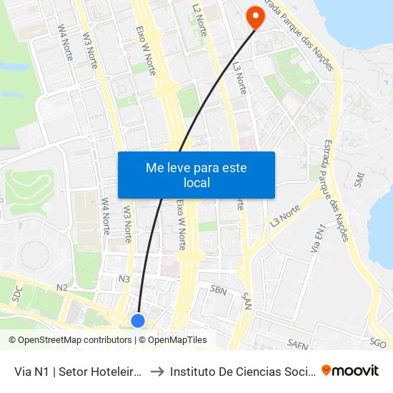 Via N1 | Setor Hoteleiro Norte to Instituto De Ciencias Sociais(Ics) map