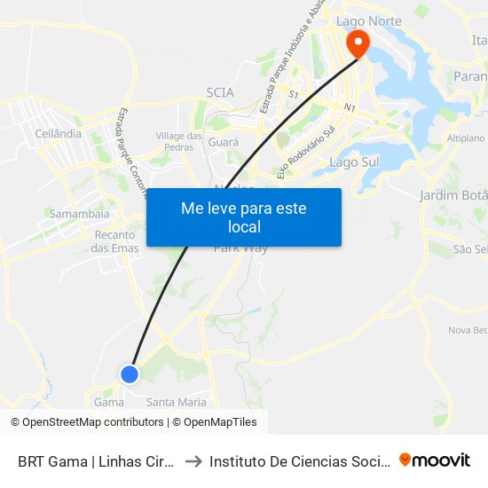 Terminal Brt Gama to Instituto De Ciencias Sociais(Ics) map