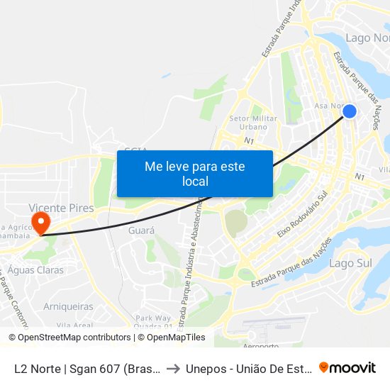 L2 Norte | SGAN 607 (CRE Plano Piloto) to Unepos - União De Estudos E Pós-Graduação map