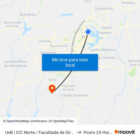 Unb | Icc Norte / Faculdade De Direito to Posto 24 Horas map