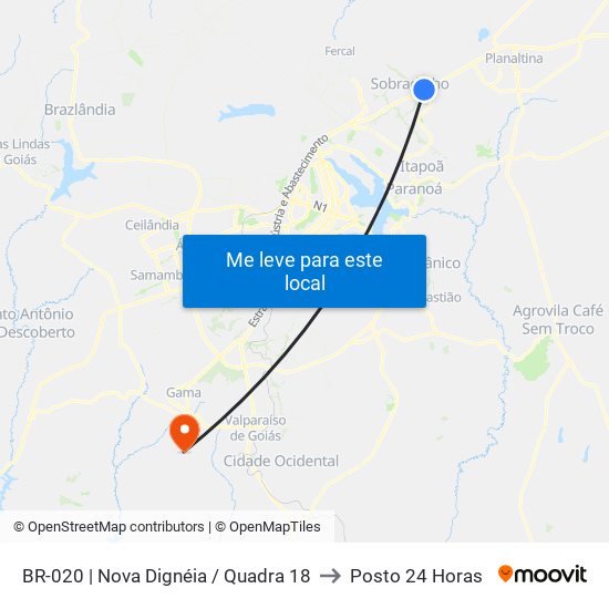 Br-020 | Nova Dignéia / Quadra 18 to Posto 24 Horas map